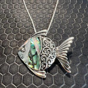 Fish Necklace with Green Abalone Stones 18K White Gold Plated